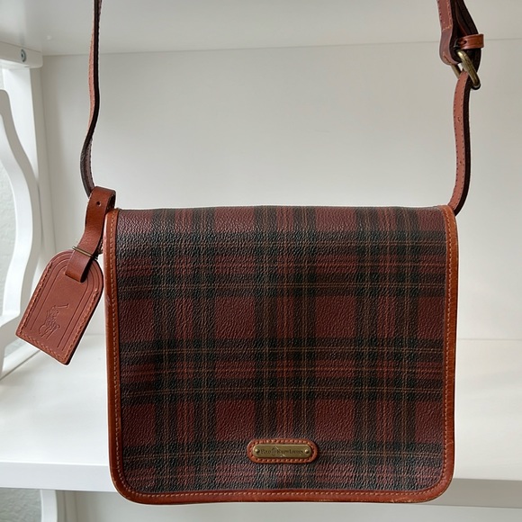 Vintage Ralph Lauren Brown Plaid & Leather Crossbody Bag Adjustable Strap - Picture 1 of 15